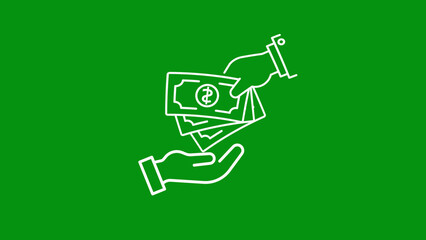 Two hands exchanging US dollar bills with a dollar sign on the front bill on a green background