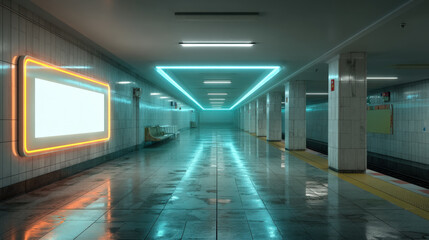 Futuristic metro tunnel with glowing blank signage and vibrant neon reflections