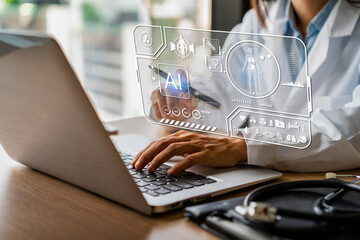 Doctor working with AI technology for diagnosing, increasing the accuracy of patient treatments, healthcare and medical technology concepts