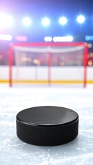 Hockey puck on ice rink with blurred stadium background