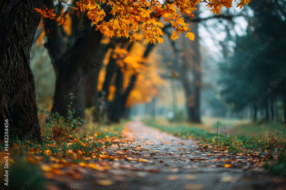 Poster blurred autumn park path with colorful trees and space for text background