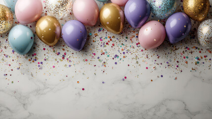 Festive holiday banner on wall with colorful confetti and balloons and blank space