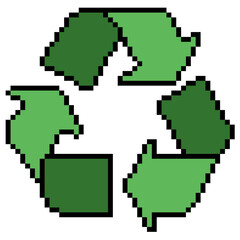 Pixel recycle icon vector for eco-friendly business, environmental themes, and sustainability. Useful for illustrating a green concept in a fun, retro, 8-bit style.