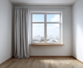 A bright, empty room with a large window showcasing a city view and light gray curtains.