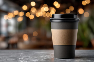 Blank takeaway coffee cup with brown lid on marble table in warm caf? setting