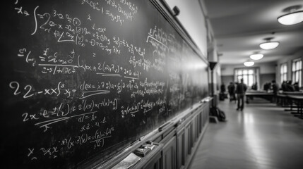 Classroom chalkboard filled with mathematical equations and symbols