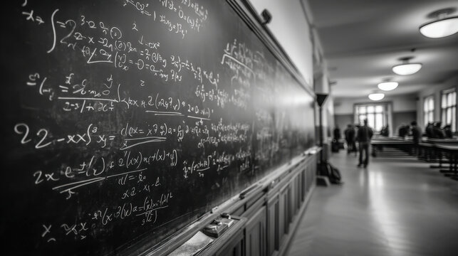 Classroom chalkboard filled with mathematical equations and symbols