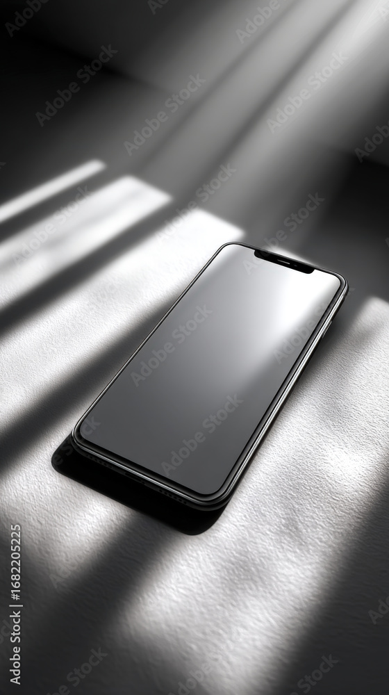 Aufkleber minimalist smartphone mockup with blank screen and sharp diagonal shadow on smooth surface