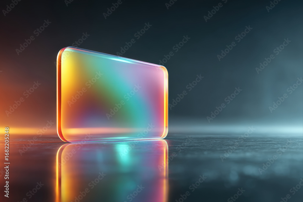 Poster futuristic holographic card floating with neon reflections in minimal sci-fi setting