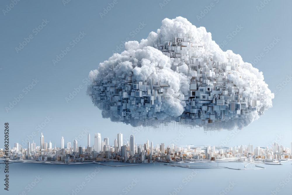 Aufkleber 3d cloud icon with floating data blocks in a futuristic minimalist white space