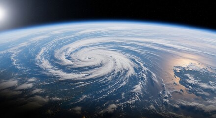 A massive hurricane swirling over the Earth's oceans as viewed from space, with the sun shining brightly.