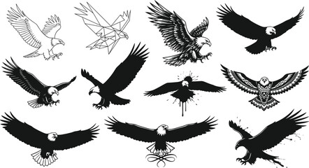 Eagle silhouette collection, flying eagle vector set, aggressive eagle clipart, tribal eagle illustration, bold bird of prey design elements