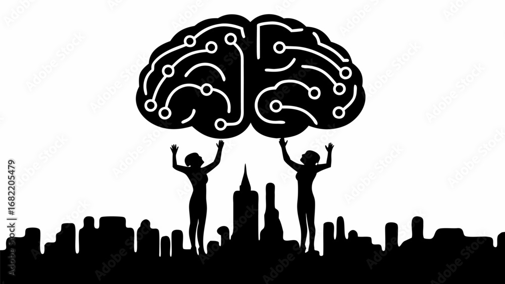 Aufkleber silhouette of city skyline with two figures holding up a brain with circuit patterns above the build