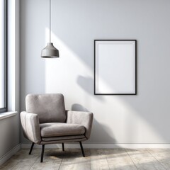 A minimalist living room scene showcasing a light gray armchair, a pendant lamp, and a blank frame, bathed in natural light.