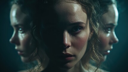 Moody portrait of a young woman flanked by two profile reflections, forming a triptych that evokes introspection, identity conflict, and psychological tension.