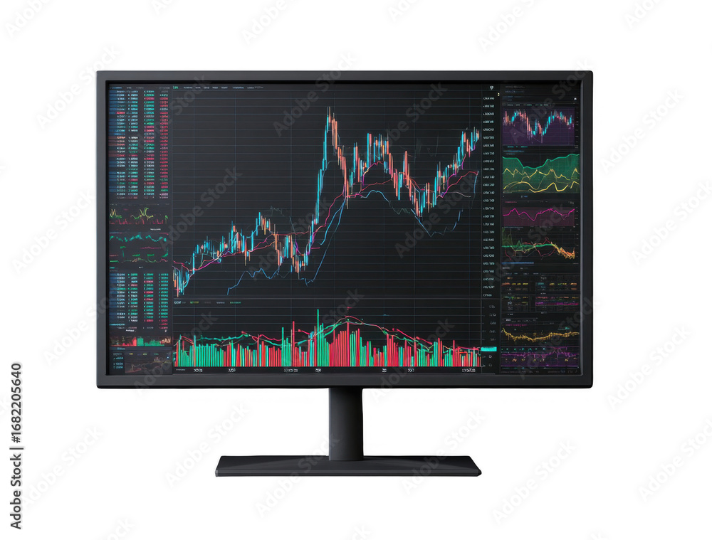 Poster high-resolution computer monitor displaying detailed financial stock market charts and data analysis