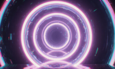 Obraz premium Sci-fi tunnel with neon rings and glitch effects