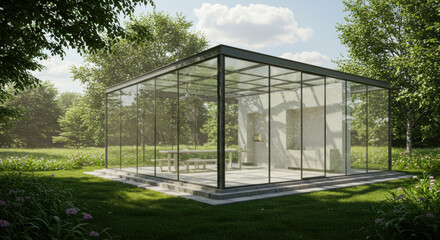Obraz premium Modern glass pavilion in park setting