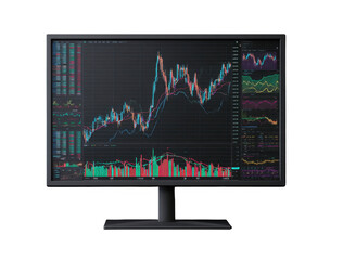 High-resolution computer monitor displaying detailed financial stock market charts and data analysis graphs