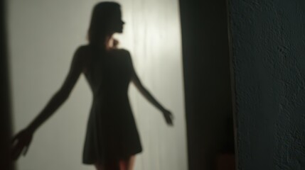 Fototapeta premium Shadowy silhouette of a woman in a dress behind a backlit curtain, creating a moody, cinematic indoor portrait.