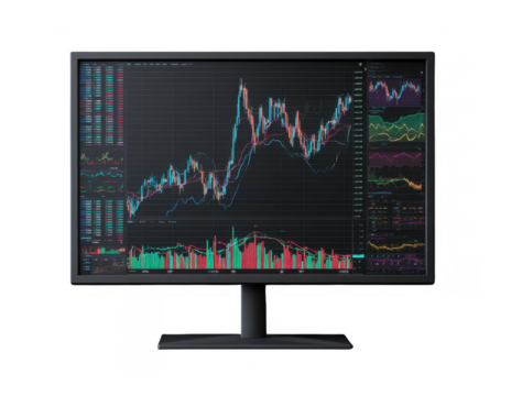 High-resolution computer monitor displaying detailed financial stock market charts and data analysis graphs