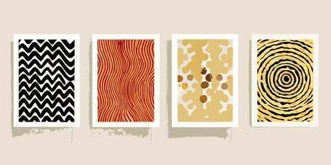 Set of four abstract minimalist geometric art prints with wavy lines and organic shapes in earthy tones
