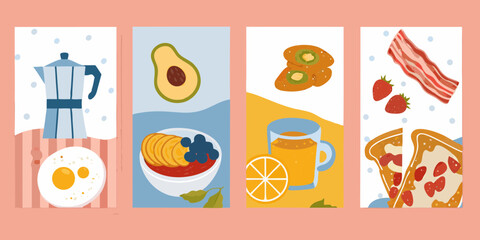 A vibrant collection of four illustrated breakfast scenes featuring coffee fruit bowls juice and bacon toast