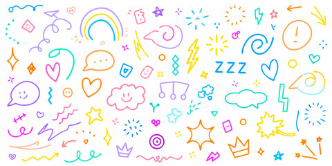 Collection of colorful hand drawn doodle elements and icons on white background for design