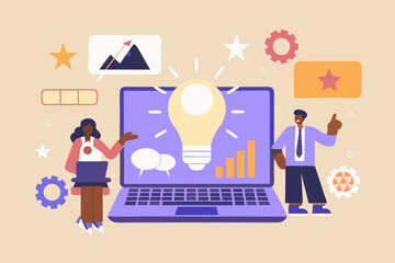 Diverse team collaborating on a digital strategy with a bright idea and business growth charts