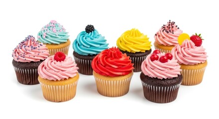 A delightful assortment of colorful cupcakes with various frostings and toppings, including berries and sprinkles, arranged on a clean white background. Perfect for celebrations.