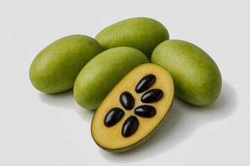 Fresh Green Pawpaw Fruits with a Sliced View Seeds Exposed