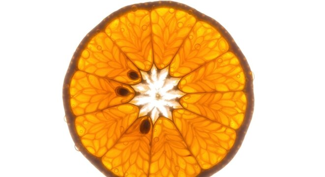 Close-up of a vibrant, backlit orange slice with visible segments, seeds, and water droplets, highlighting its juicy texture and refreshing nature on a white background.