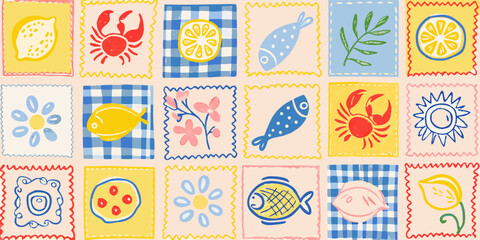 Whimsical hand drawn summer beach icons featuring crabs fish lemons flowers and sun on a patchwork background