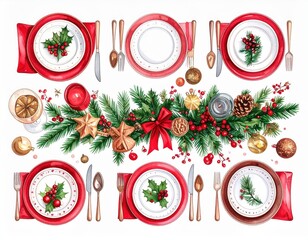 Elegant festive dinner table watercolor illustration featuring Christmas decorations