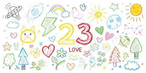 Colorful hand drawn doodle collection featuring numbers one two three sun moon stars rainbow and hearts
