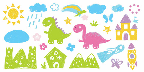 Cute hand drawn cartoon dinosaurs castles rocket rainbow sun clouds and butterflies for kids