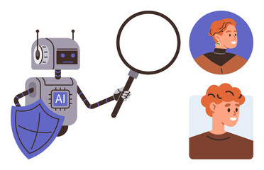 AI robot holding magnifying glass, shield representing security, analyzing two profile images. Ideal for artificial intelligence, data analysis, cybersecurity, privacy, recruitment, technology