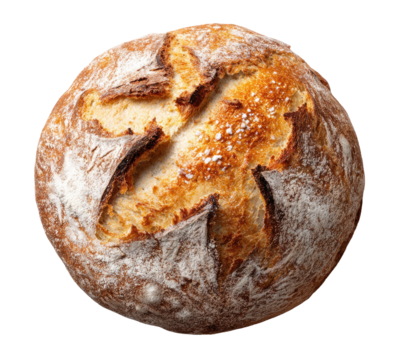 Round loaf of artisan bread, top view.  Golden-brown crust, light interior, marked with a star-shaped pattern of slashes.  Sprinkled with flour