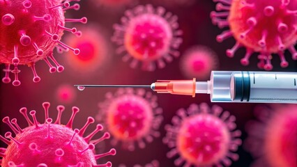 Pink virus microbiology syringe vaccine needle droplet immunization healthcare macro medical