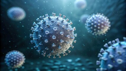 Ai threats healthcare systems glow as viral particle closeup floats blue micro world, textured surface and spikes convey urgent clinical risk