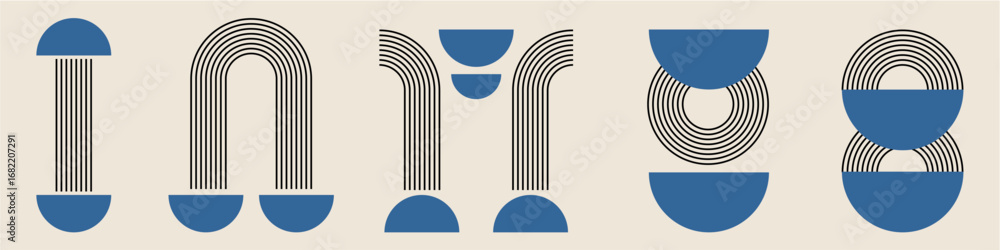 Poster stripe bend line art with half circle abstract minimal element mid century vector for retro aestheti