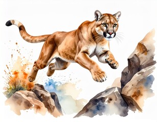 Obraz premium Watercolor illustration of a leaping cougar over rocks on a white background