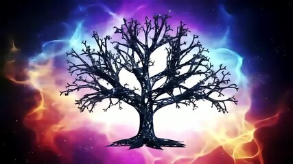 Mystical Bare Tree Silhouette Against Vibrant Cosmic Nebula - Powered by Adobe