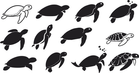 Sea turtle silhouette collection, simple vector marine animal icons, black turtle illustrations, underwater reptile clipart, flat style design set