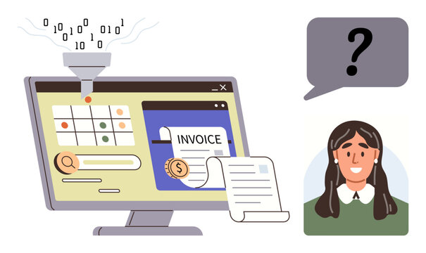 Computer screen with data funnel, calendar, invoice tool, and paper receipt. Portrait of woman with dialogue bubble. Ideal for automation, billing, organization, data customer service inquiries