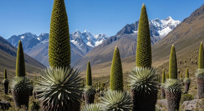 Majestic Puya raimondii plants, the Queen of the Andes, stand tall in a high-altitude Andean landscape with dramatic snow-capped mountains and a clear blue sky.