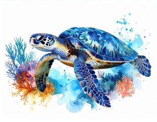 Watercolor painting of a sea turtle swimming near coral reefs, with splash effects