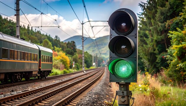 Railway scene—green signal light, train on track, lush greenery, mountains, overhead electric lines, partly cloudy sky; transportation and infrastructure moment.