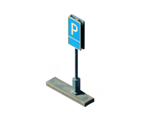 Isolated blue parking sign on a metal pole with concrete base on black background