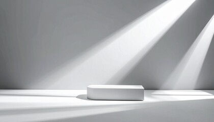 White pedestal on smooth floor with diagonal shadows—minimalist architecture, clean lines, bright lighting, abstract spatial composition.